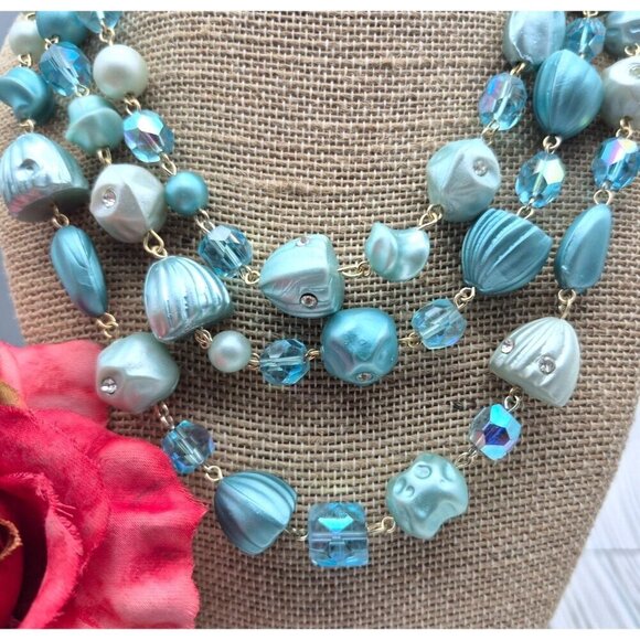 Vintage Aqua Blue Multistrand Collar Necklace Japan Signed Hook Clasp Crystals - Picture 3 of 9
